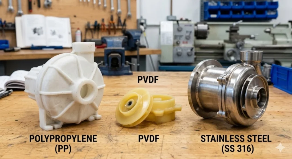 ภาพเปรียบเทียบวัสดุปั๊มเคมี PP, PVDF และ Stainless Steel (SS316)