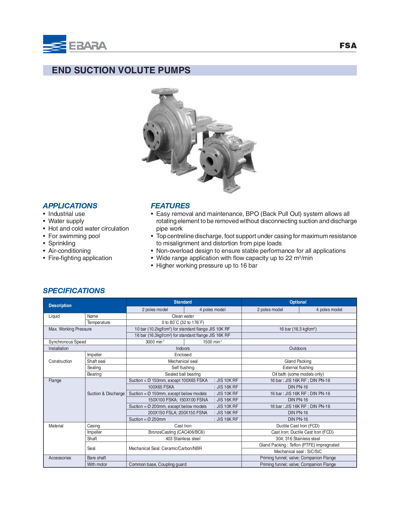 ปั๊มหอยโข่ง EBARA FSA End Suction Volute Pump