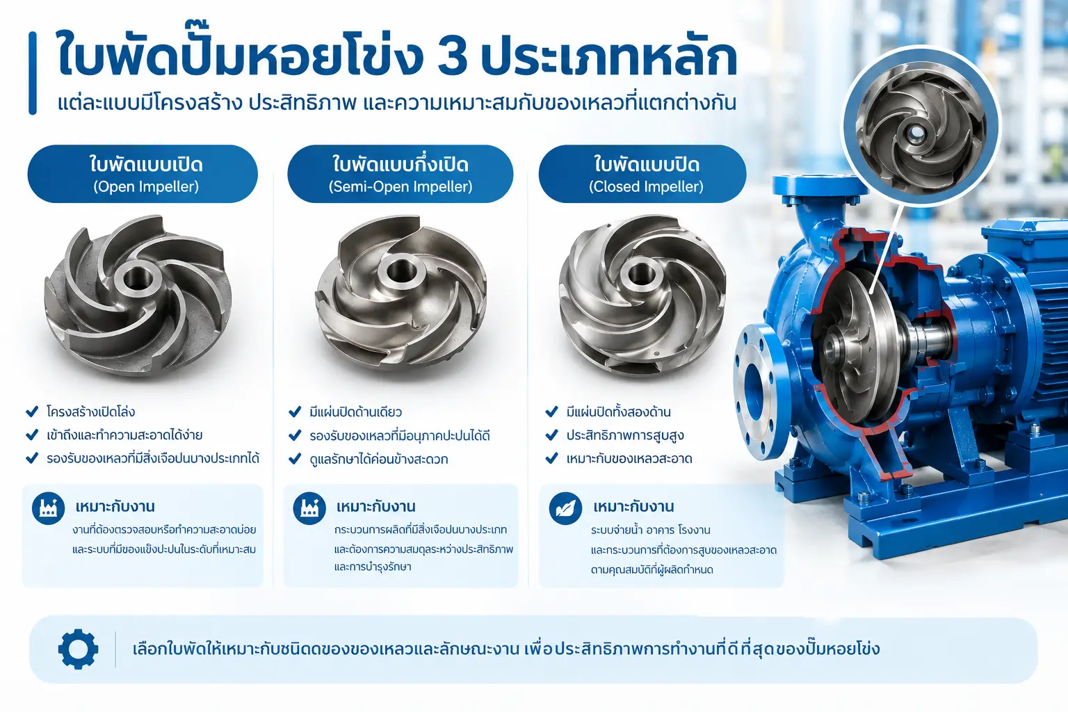 ใบพัดปั๊มหอยโข่งแบบเปิด แบบกึ่งเปิด และแบบปิด